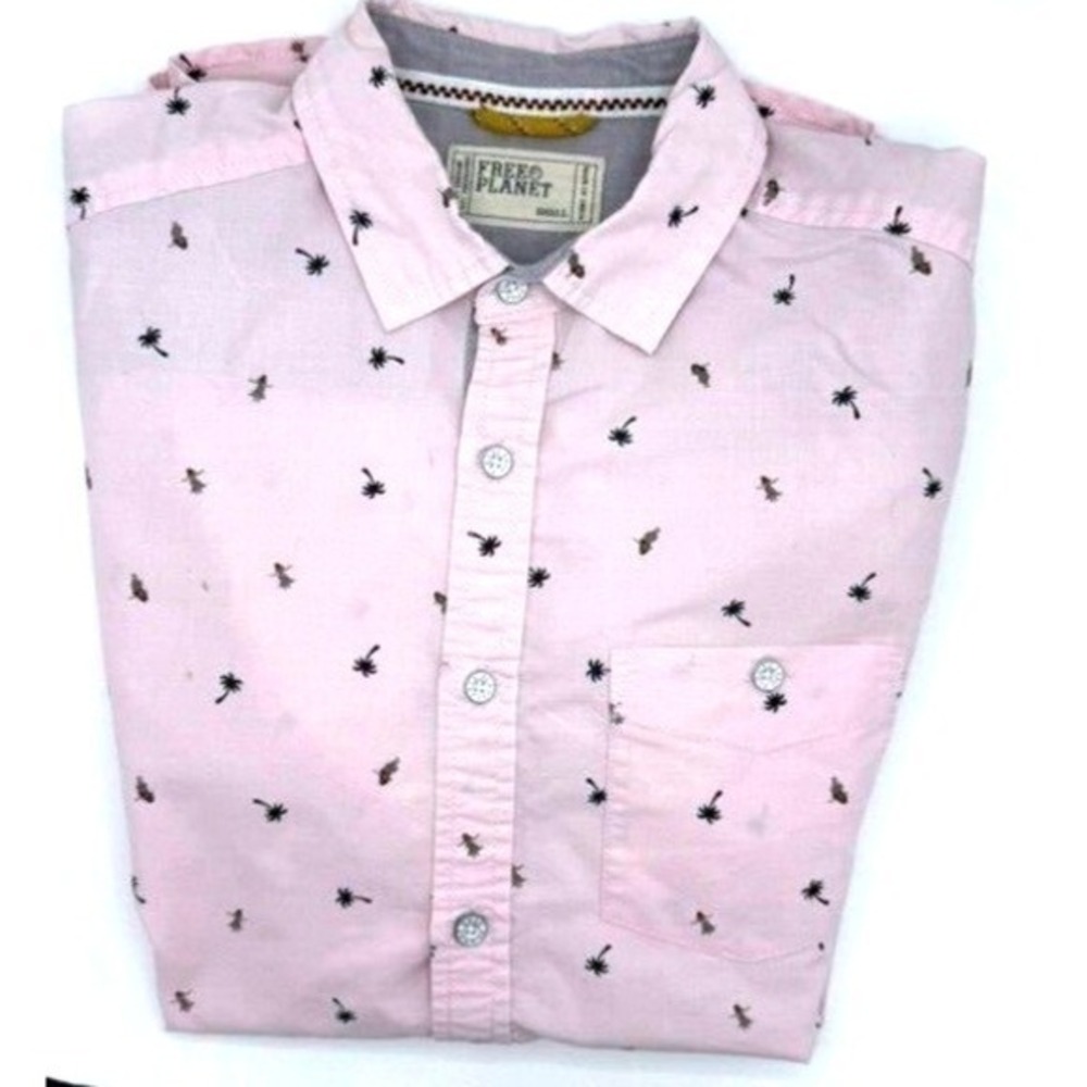 Free Planet Men's Size S‎ Short Sleeve Collard Button up Light Pink w/Palm Trees